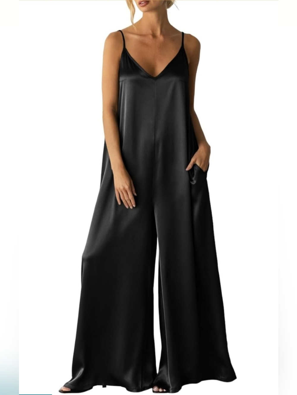 NWT Black Satin Wide Leg Jumpsuit XL Flowy Spaghetti Strap Chic On Trend